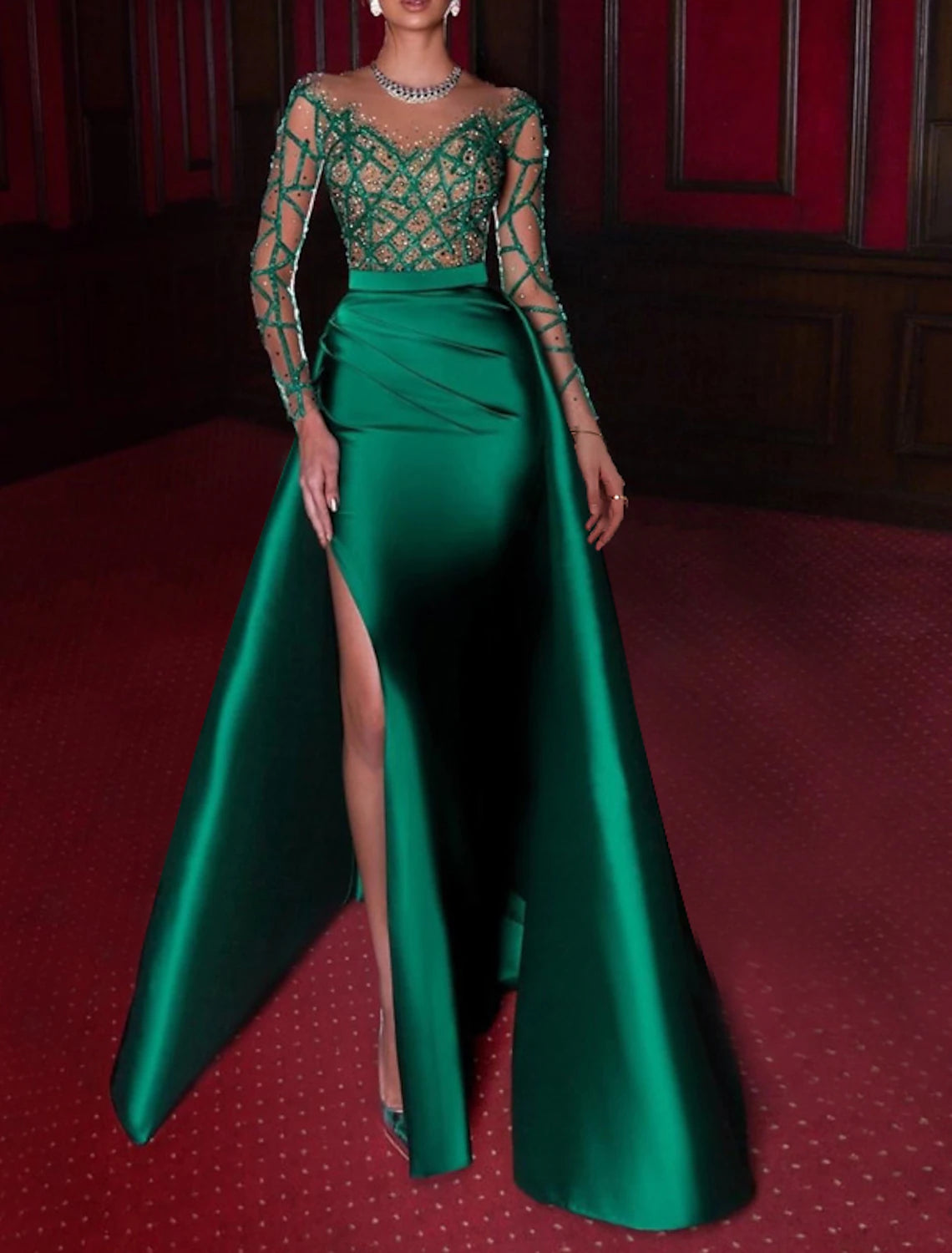 A-Line Evening Gown Luxurious Dress Wedding Party Black Tie Gala Floor Length 3/4 Length Sleeve Off Shoulder Satin with Rhinestone Embroidery Appliques